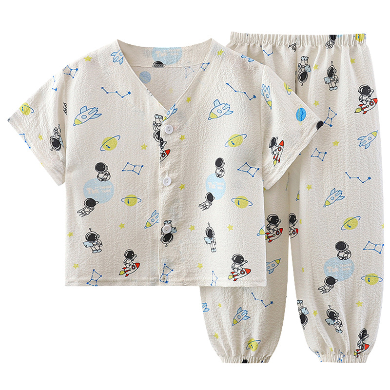 Pijamas infantiles de verano para padres y niños de manga corta set de pantalones de siete puntos para niños y niñas de cuello V ropa delgada para el hogar pijamas para bebés