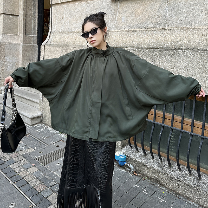 Korean Style Retro Normcore Bat Sleeve Zipper Stand Collar Windbreaker Autumn and Winter New Loose and Versatile Niche Design Jacket