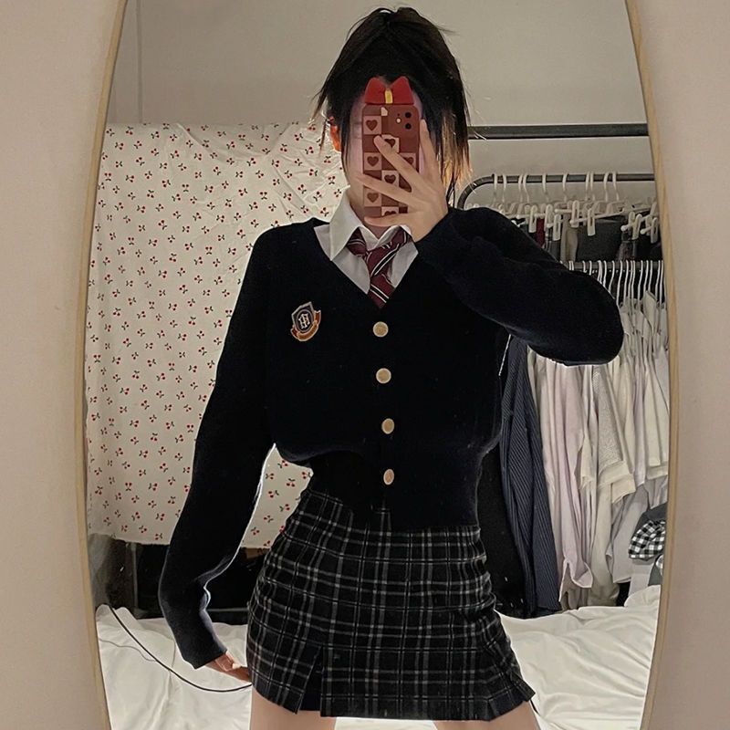 Sweet and Spicy American Jk Sweater Women's Autumn and Winter New College Style Slim Fit Easiest for Match Badge Long Sleeve Sweater Cardigan