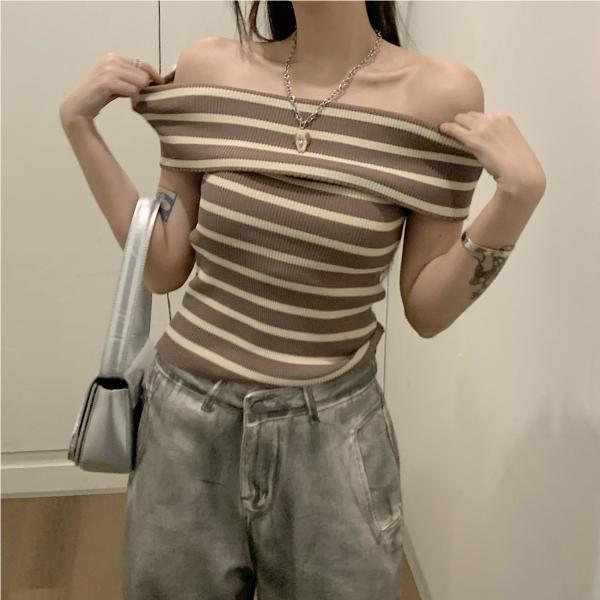 韩国夏季新款辣妹小性感一字领露肩修身显瘦条纹短袖针织衫上衣女