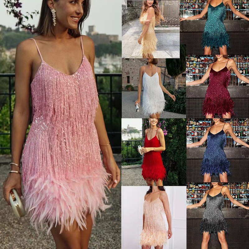 2025 Fashionable Tassel Sequins Multi-Color Birthday Party Sexy V Neck Suspender Feather Splicing Dress Dress