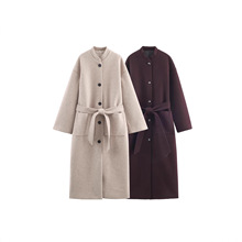 欧美风跨境外贸女装新款时尚简约高级感优雅气质长款腰带大衣外套