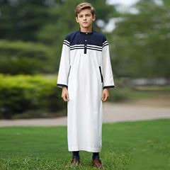 Middle Eastern-style Robe for Boys, Solid Color with Contrasting Buttons and Striped Design, Teen Boy's Shirt – MSL140