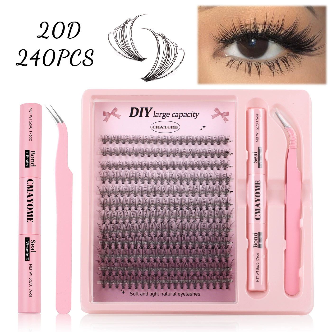 DIY False Eyelash Cluster Set, 240 Clusters, Multi-Density 10D–100D, Natural Thick Segmented Lashes