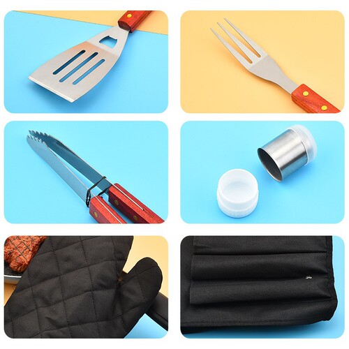 Zibo BBQ Tools Set Canvas Bag Wooden Handle Grill Set 6 Pieces Apron Fork Spatula Outdoor BBQ Set Combination