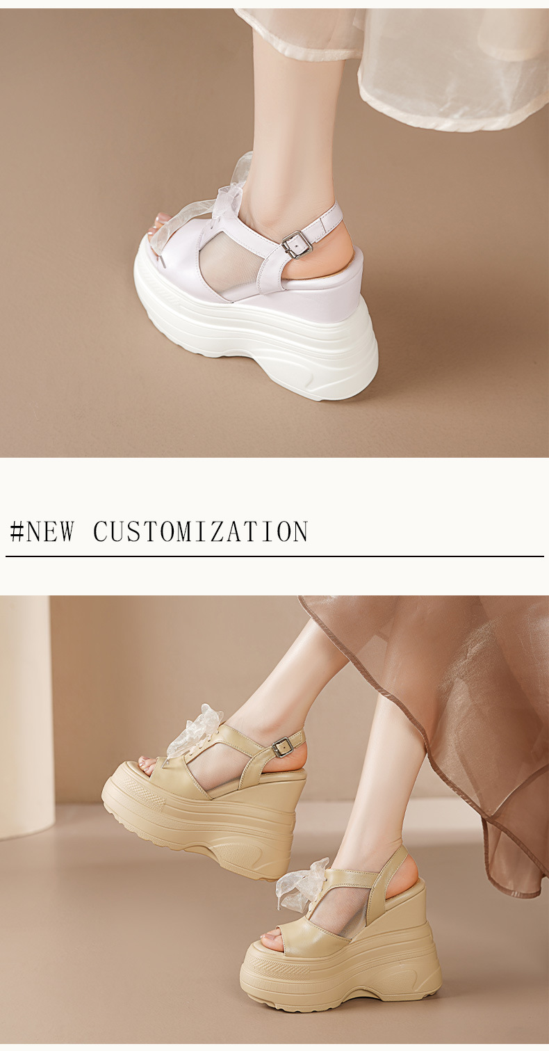 Sandal La Mã nữ đế dày da thật gót 14 cm hở mũi dây buộc — trắng chi tiết 3