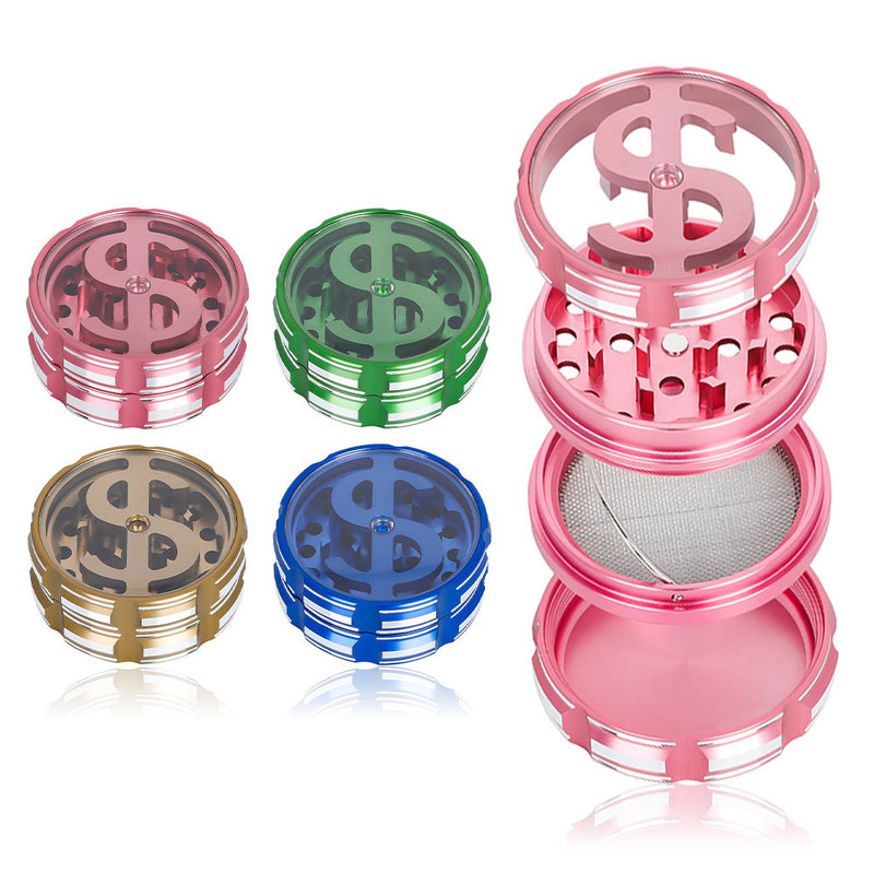Hidden 4 layers 63mm aluminum alloy Grinder transparent cover dollar pattern cigarette Grinder Metal Grinder