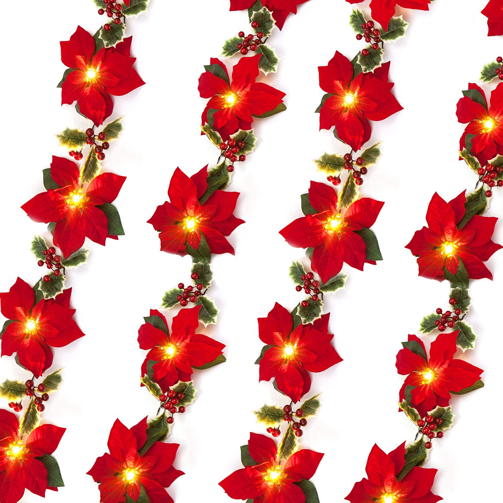 Navidad flor roja poinsettia Cadena de luz imitación terciopelo flor Amazon Garland decoración impermeable caja de batería