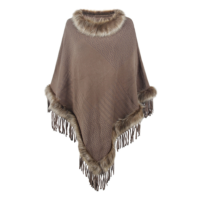 Knitted tassel cape women's solid color pullover loose shawl coat_voghion.com