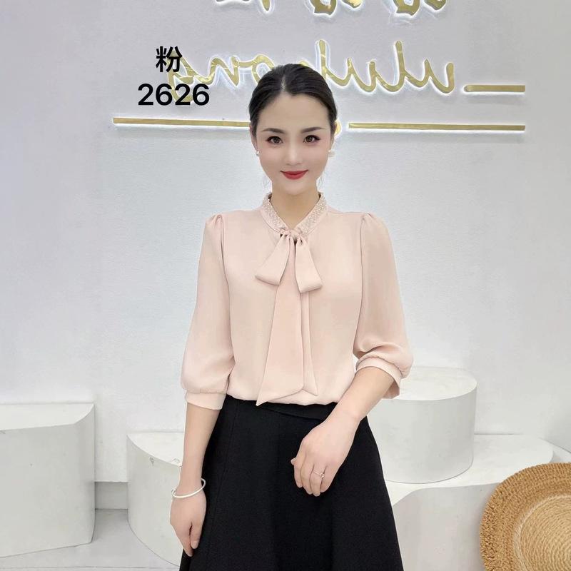 Dropshipping 2026 Summer New Fashion Stylish Versatile Commuter V-Neck Beaded Shirt with Ribbon Bow for Women