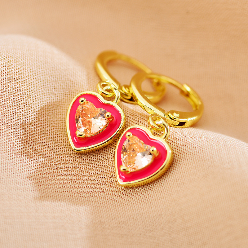 Gold Plated Plating Material Artificial Gemstones Inlay Material 1 Pair Cute Heart Shape Polishing Inlay Copper Artificial Gemstones Gold Plated Drop Earrings