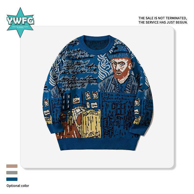 YWFG autumn and winter full-print graffiti pullover couple-style faux-sweater casual loose-fitting Japanese-style knit sweater for men and couples YWFG autumn and winter full-print graffiti pullover couple-style faux-sweater casual loose-fitting Japanese-style knit sweater for men and couples