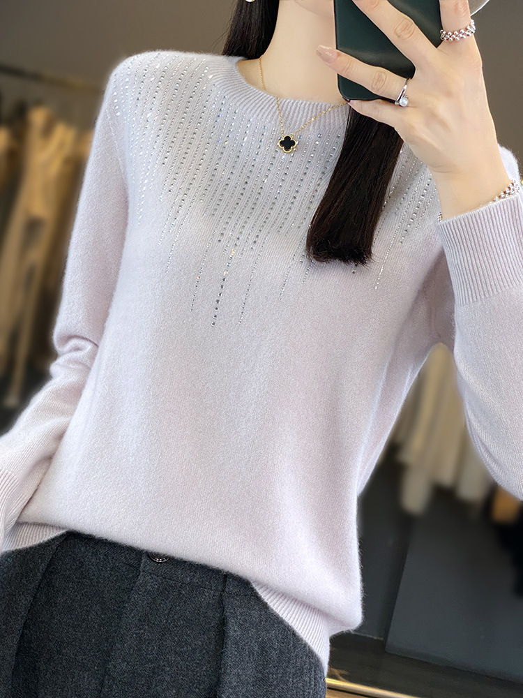 Ropa de primera línea sin costuras 2023 otoño e invierno nuevas mujeres cuello redondo Jersey de manga larga con lentejuelas camisa de fondo de punto Andy Velvet