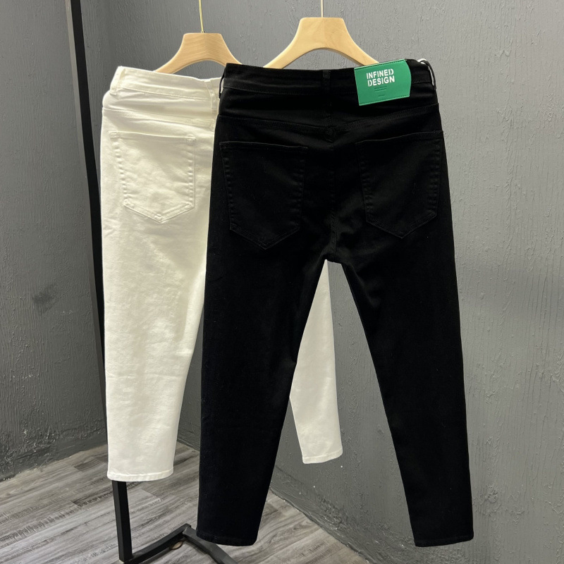 High-End Casual Cropped White Pants for Men, Trendy Plus-Size Denim/Other Pants, Youthful Trendy Slim Fit