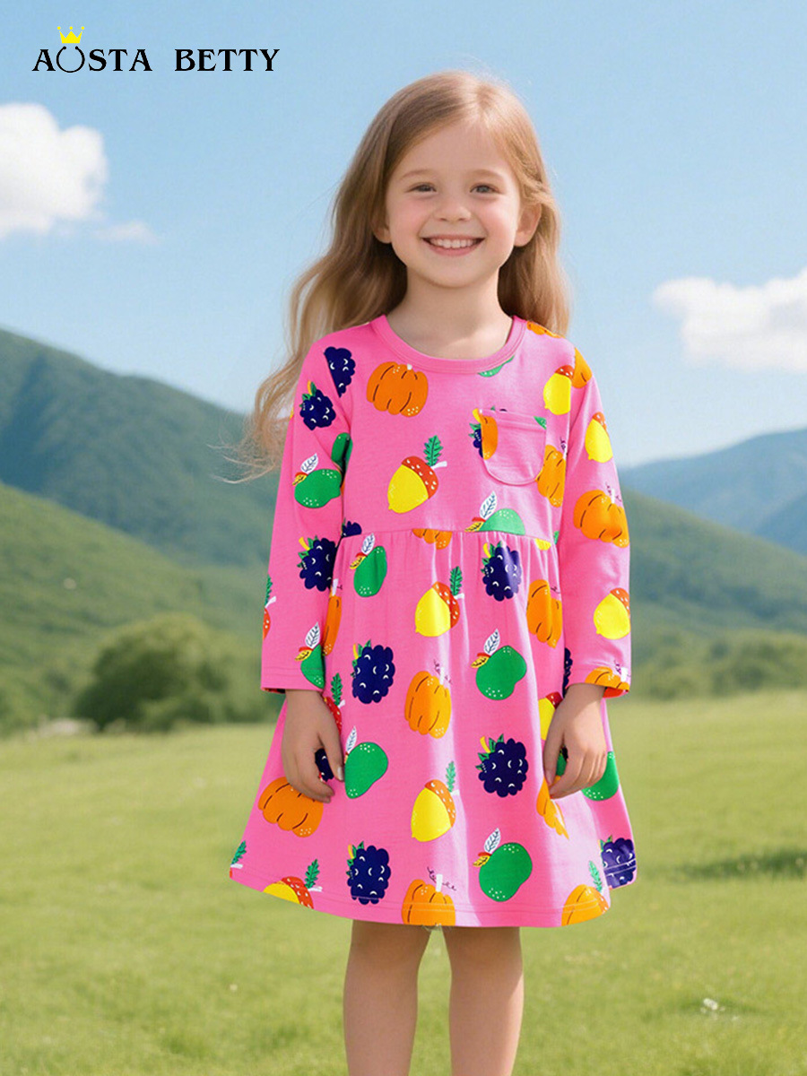 Otoño nuevo producto vestido de manga larga para niñas estilo europeo y americano estampado de dibujos animados vestido de princesa para niños vestido de algodón de punto cuello redondo para niños