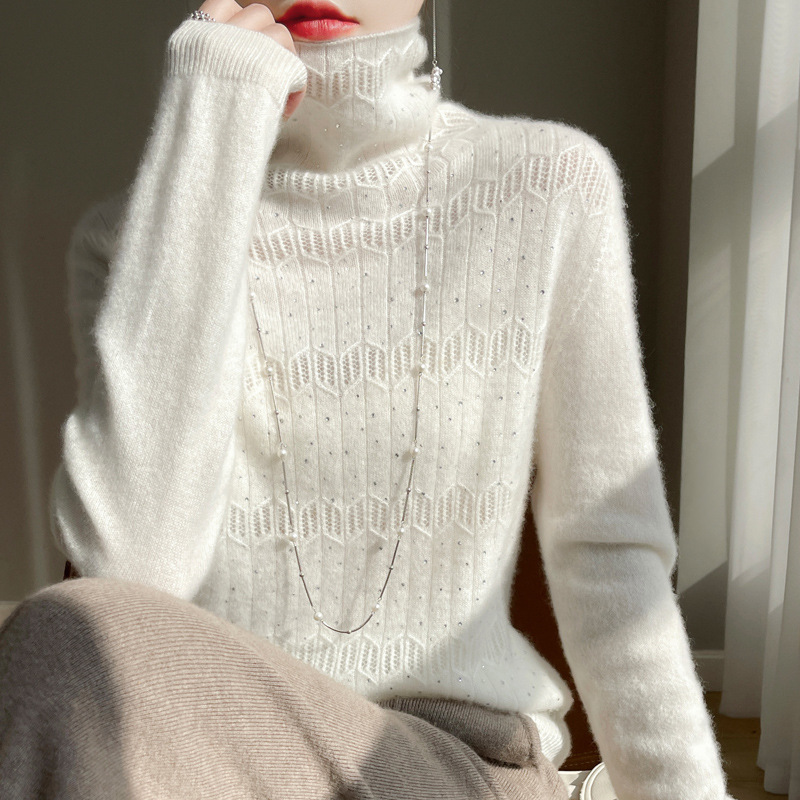 Autumn and Winter turtleneck first-line sweater women's hollow-out rhinestone pile collar knitted bottoming cashmere sweater inner wear