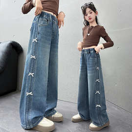 春季中大女童牛仔裤新款童装儿童女孩侧边蝴蝶结牛仔裤子洋气百搭