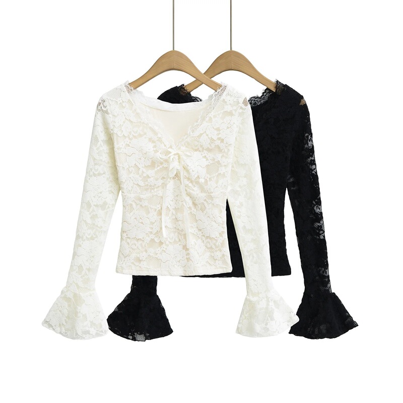 Pure V-Neck Trumpet Sleeve Bow Tie-Up Full Lace Scrub Stretch Girl Hot Girl Bottoming Shirt Top Women's Ins