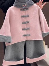 新中式儿童2025春夏新年款粉色盘扣唐装呢外套中小童灰色直筒裤潮