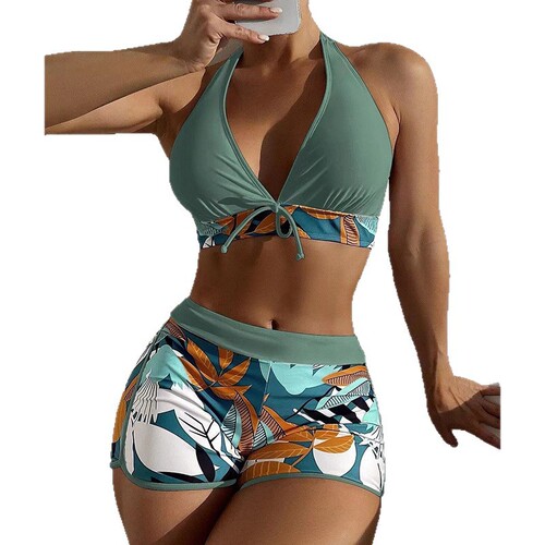 Bikini 2025 European and American Fashion Print Swimwear for Women, Straight Leg High-Waist Beach Swim Suit