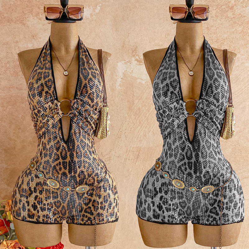 Zy6396 Cross-Border European and American Style Leopard Print Sequin Jumpsuit V-Neck Waist-Cinching Slim-Fit Bodycon Hot Girl Jumpsuit Zy6396 Cross-Border European and American Style Leopard Print Sequin Jumpsuit V-Neck Waist-Cinching Slim-Fit Bodycon Hot Girl Jumpsuit