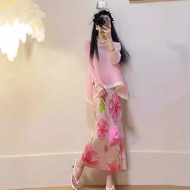 跨境扎染绝美半身裙中长裙女夏开叉高级感显瘦a字法式印花百褶裙