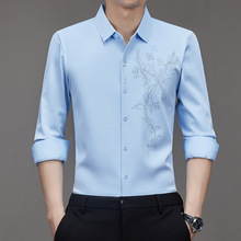 秋季新款中年男士长袖衬衫商务休闲无痕免烫高弹力衬衣潮男上衣