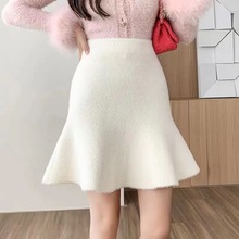 仿水貂毛松紧腰荷叶边短裙女2025年冬季百搭高腰A字裙子气质优雅