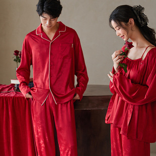 Couple's Pajamas Spring and Autumn Ice Silk Long Sleeve Year of the Snake Year of the Snake Red Wedding Newlywed Women's Three-Piece Home Clothes