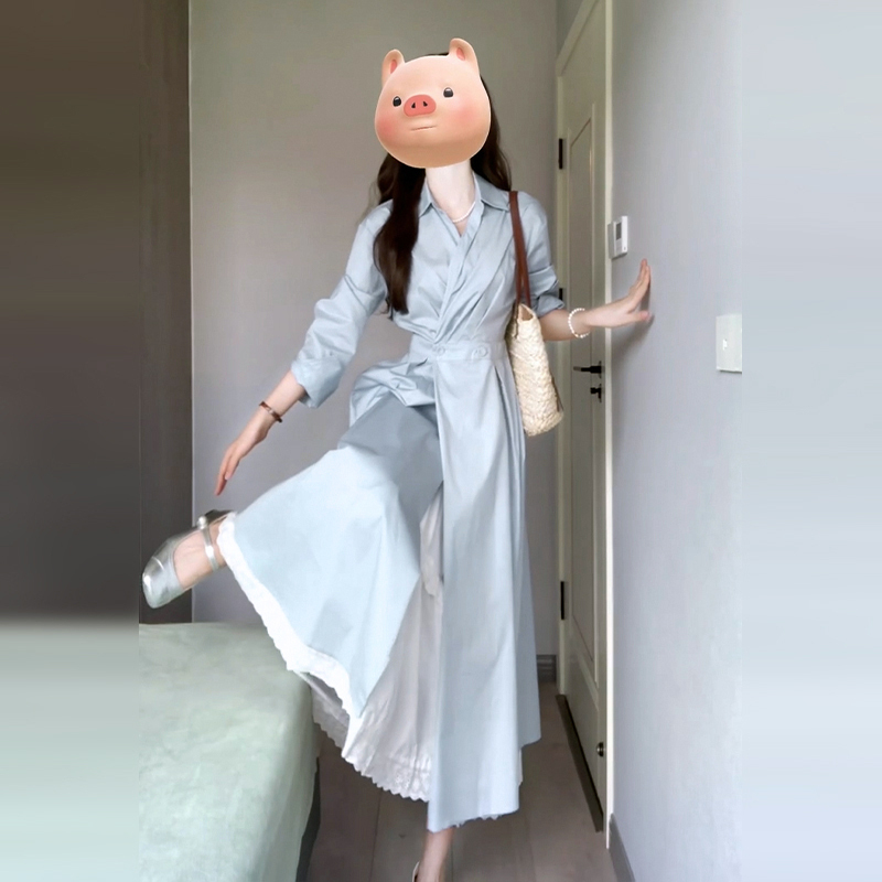 法式蓝色长袖衬衫连衣裙子女2025年新款秋季高级感气质收腰长裙|undefined