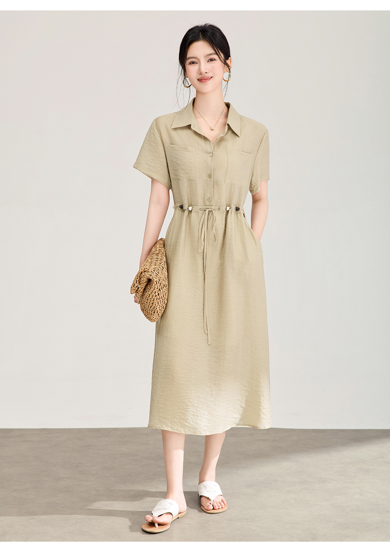 Đầm sơ mi nữ dáng suông chất liệu linen phối cườm nhẹ — màu xanh navy chi tiết 19