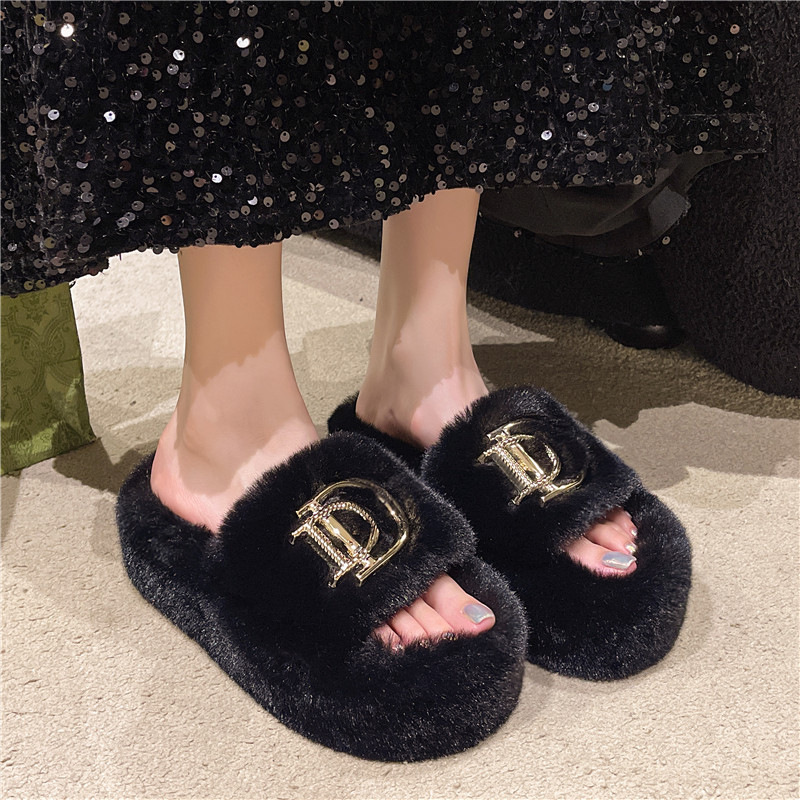 厚底毛毛拖鞋D字扣一字毛拖鞋女2025秋冬新款时尚大码外贸棉拖鞋|undefined