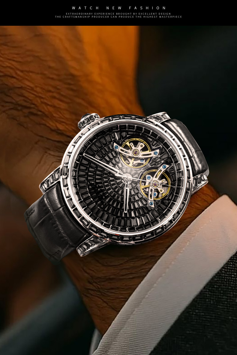 Đồng hồ nam automatic lộ máy phát quang đính đá hai bánh xe bay chống nước đa năng chi tiết 9