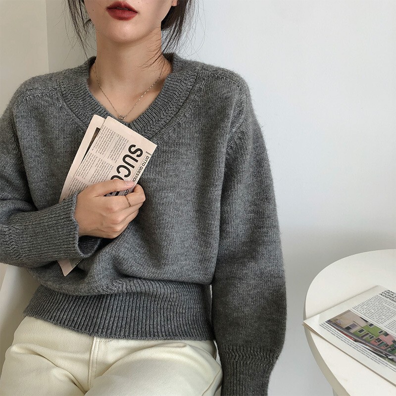 韓国東大門無地ソフトワックス状 V ネックセーター女性の秋と冬の長袖アウタープルオーバートップボトミングセーター|undefined
