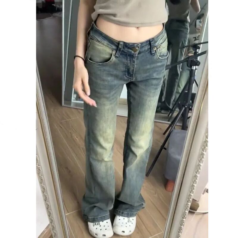 American Retro Hottie Low-Waist Flared Jeans New Slim Autum Slim Washed Dark Floor-Length Pants