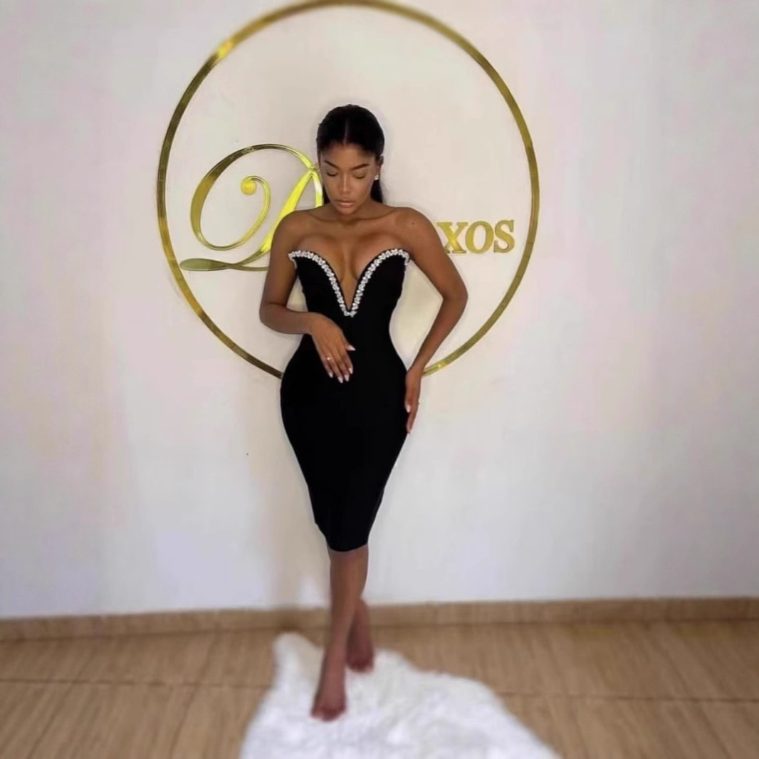 European and American Cross-Border New Fashion Sexy Diamond-Encrusted Tube Top V Neck Elegant Women's Bandage Dress Party Evening Dress