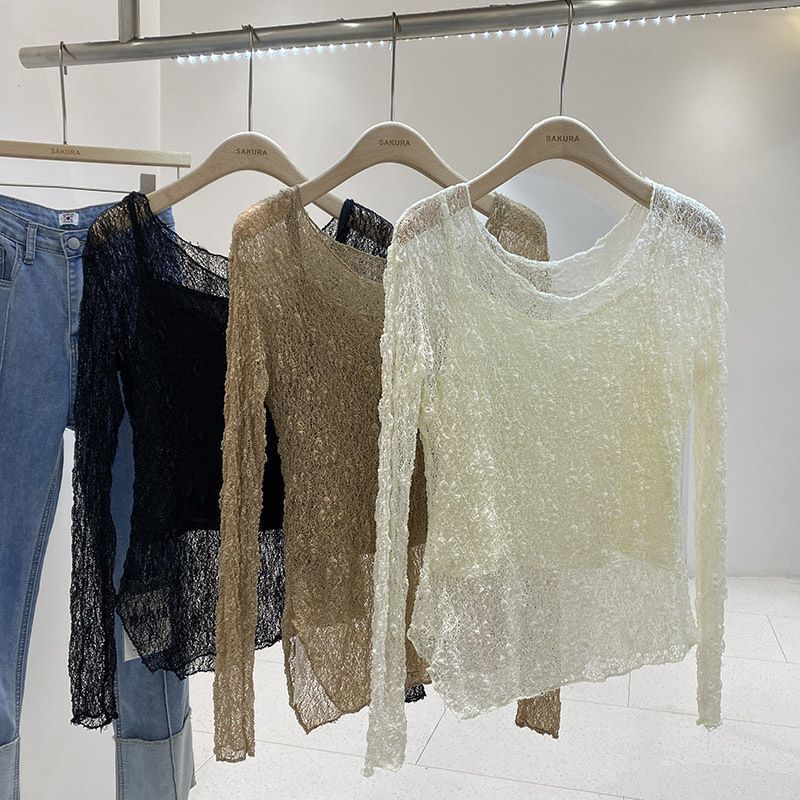 Summer New Korean Style Design Sense Perspective Irregular Lace Shirt Women's Niche Retro Slim Slim Thin Top