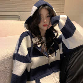 条纹连帽抽绳长袖毛衣外套女2025早秋新款慵懒风宽松拉链开衫上衣