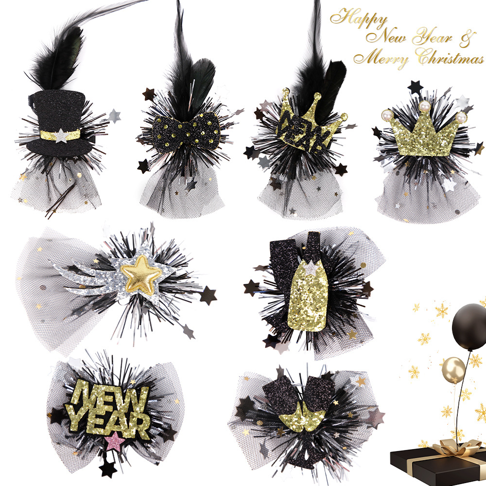 Transfronterizo nuevo oro negro Año Nuevo horquilla accesorios para el cabello Europeo y Americano Navidad Año Nuevo tema Fiesta decoración newyear horquilla