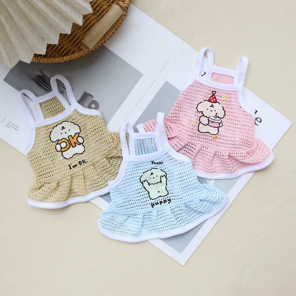 Летнее мини-платье для собак с большой сеткой, дышащее и прохладное сетчатое платье на слинге для домашних животных, одежда для домашних животных с героями мультфильмов.