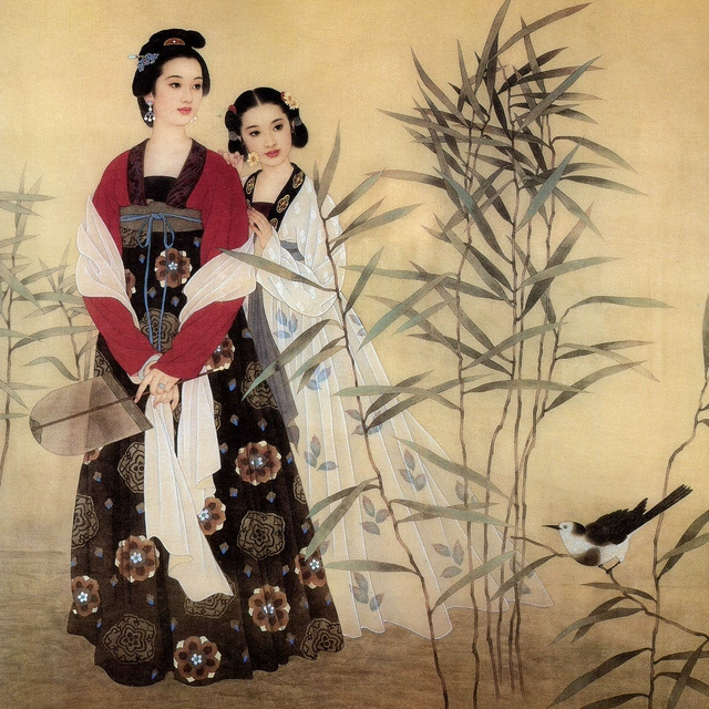 赵国经、王美芳郊游图工笔人物仕女图人物国画图片素材微喷复制品