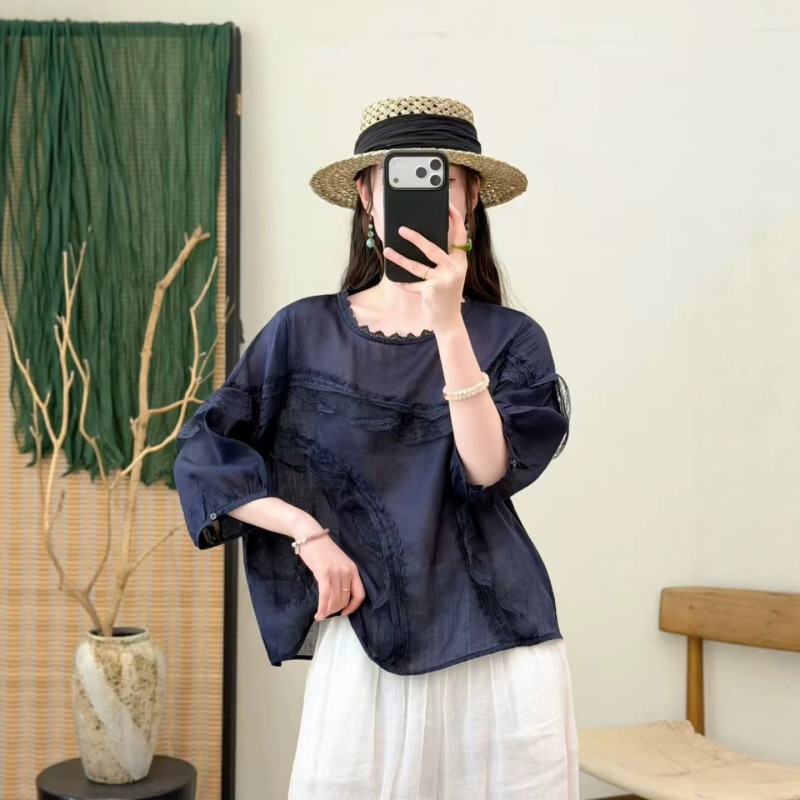 Designer Lace Patchwork Ramie Half-Sleeve Blouse for Women, 2026 Summer New French Style Irregular Versatile Top Designer Lace Patchwork Ramie Half-Sleeve Blouse for Women, 2026 Summer New French Style Irregular Versatile Top