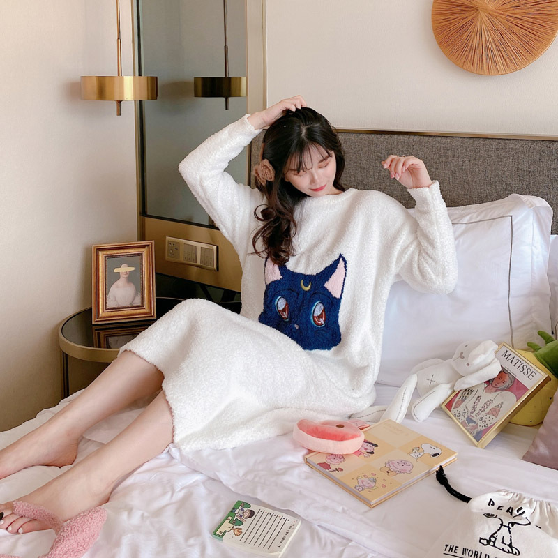 Soft Nightgown Women's Autumn and Winter Long Sleeve Long Simple Cat Long Dress Autumn and Winter Pajamas Thickened Warm Home Clothes