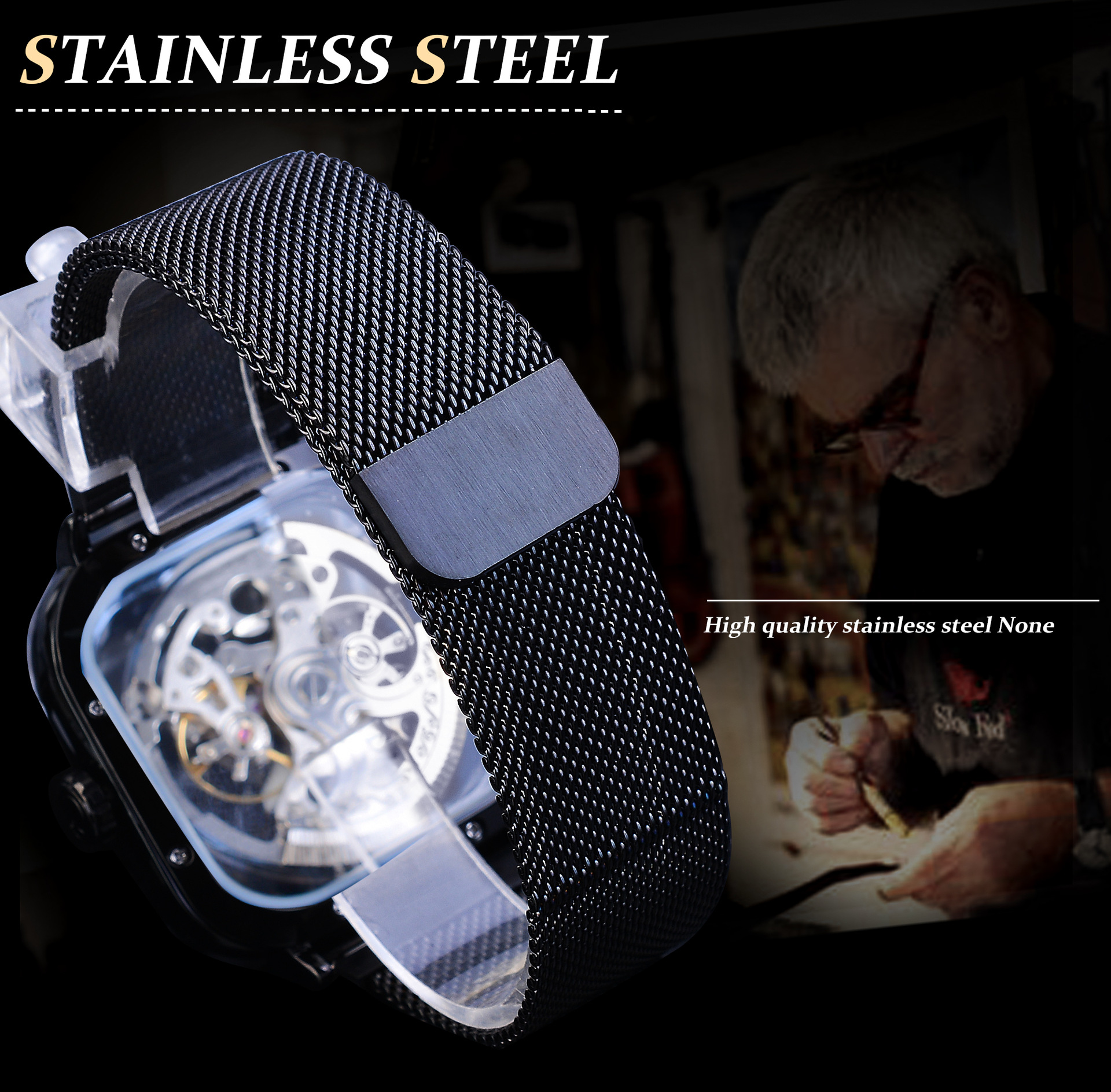 Forsing Hollow Men's Fully Automatic Mechanical Watch Square Dial Mesh Band Watch_voghion.com