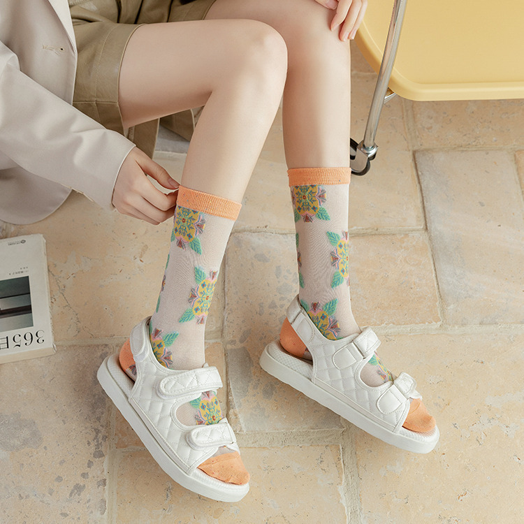 Calzini estivi sottili da donna 2025d 2025d, a metà polpaccio, alla moda, stile foresta floreale, in seta di vetro traspirante, calzini JK_voghion.com