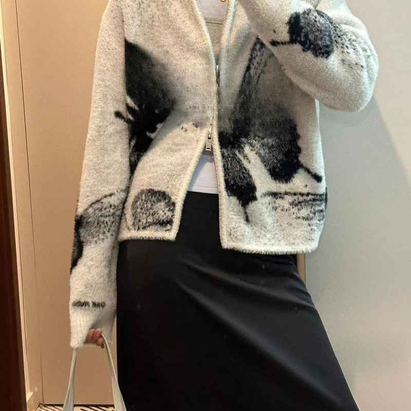 American Style Retro Imitation Mink Wool Jacquard Butterfly Sweater Women's Design Sense Niche Autumn and Winter Double Zip Knitted Cardigan Jacket