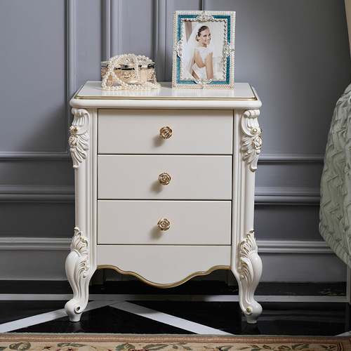 BB4C wholesale European style bedside table for bedroom simple modern multifunctional white gold painted solid wood carved French style