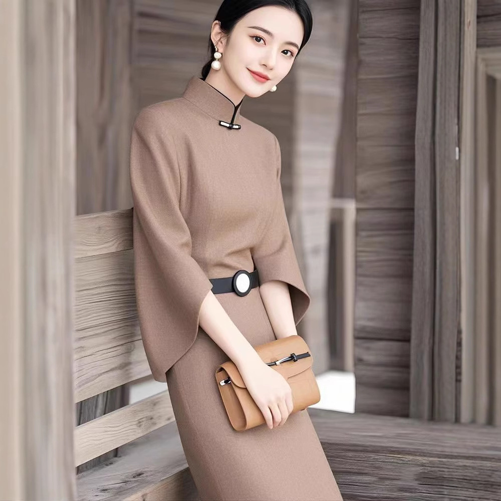 Winter elite sophisticated elegant khaki dress