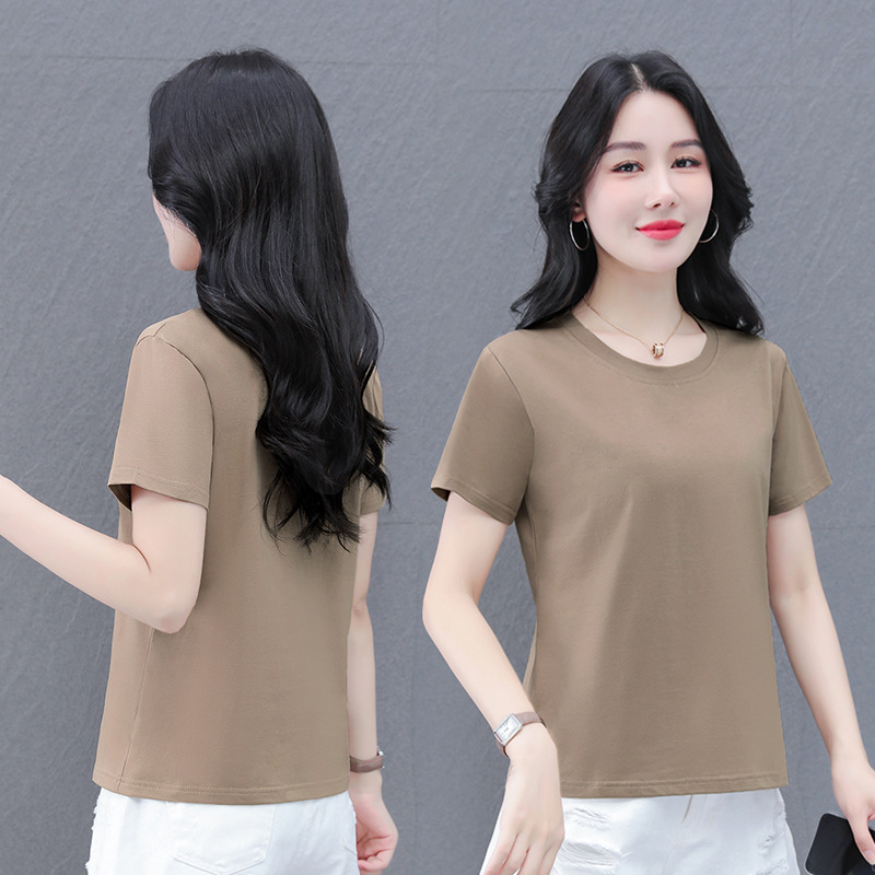 Middle-aged Mom's Cotton Stretch Casual Short-sleeved Round Neck T-shirt Women's Summer Straight Loose Flesh-Covering Slimming T-shirt