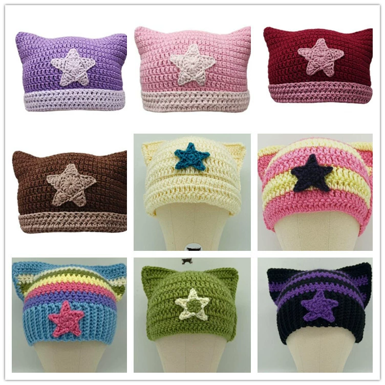 25 новых женских шапок с кошачьими ушками от Amazon, теплые вязаные шапки с ручной вышивкой кошачьих ушей и полосками, необычные шапки.